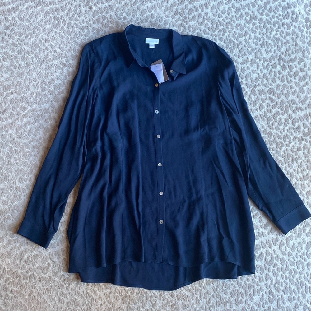 NWT J. Jill Navy Blue Button Down Crepe Tunic Blouse, size L
